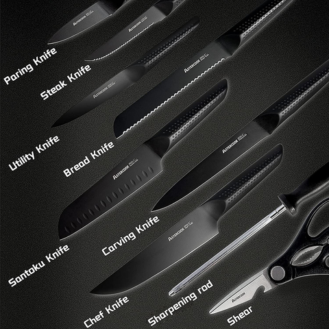 Image of Knife Set, 15 Pieces Chef Knife Set with Block for Kitchen, German Stainless Steel Knife Block Set, Dishwasher Safe, Elegant Black