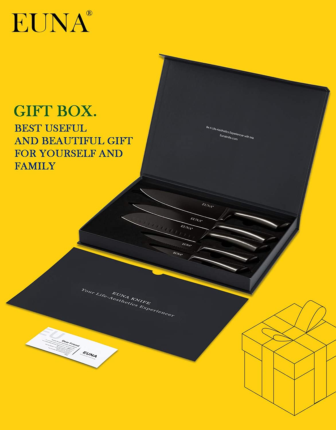 EUNA 5 PCS Kitchen Knife Boxed Set Ultra Sharp Japanese Knives with Sheaths and Gift Box Chefs Knives Set for Professional Multipurpose Cooking with PP Ergonomic Handle (Black-Brown)