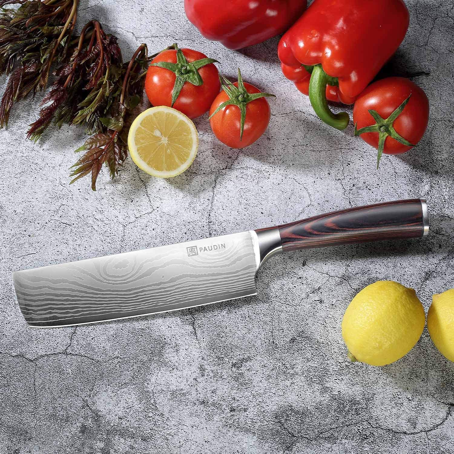 Nakiri Knife - PAUDIN Razor Sharp Meat Cleaver 7 Inch High Carbon German Stainless Steel Vegetable Kitchen Knife, Multipurpose Asian Chef Knife for Home and Kitchen with Ergonomic Handle