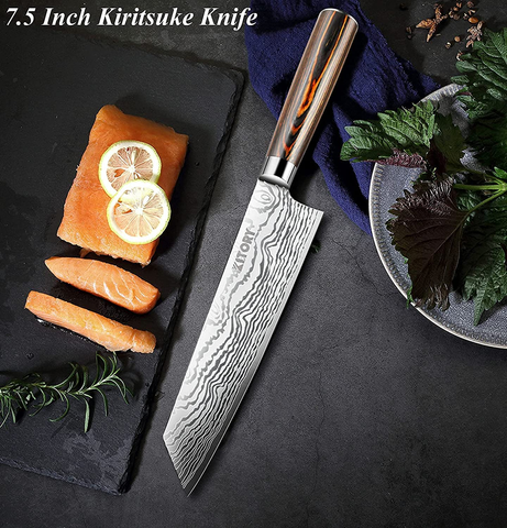 Image of KITORY Kiritsuke Knife Chef`S Knife 7.5" Damascus Pattern Japanese Kitchen Knives with Sheath for Meats, Sushi and Vegetables, German HC Steel, Pakkawood Handle for Home&Restaurant-Flamingo SERIES