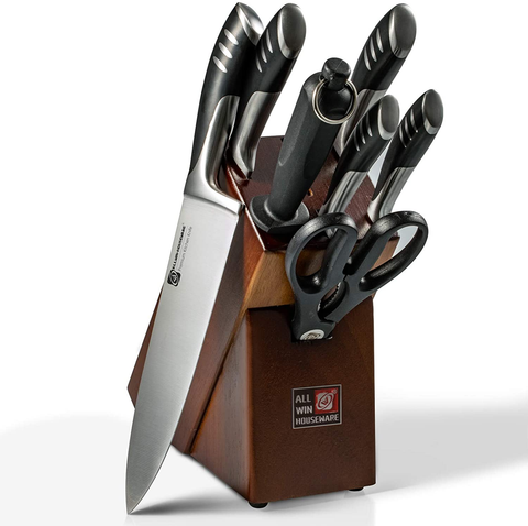 Image of Premium 8-Piece German High Carbon Stainless Steel Kitchen Knives Set with Rubber Wood Block, Professional Double Forged Full Tang Chef Knife Set