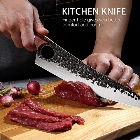 Image of PURPLE DRAGON Hand Forged Kitchen Knife 8 Inch Meat Butcher Full Tang Chef Knives High Carbon Steel Sharp Meat Cleaver Boning Knife with Gift Box for Slicing Fish Cutting Meat BBQ