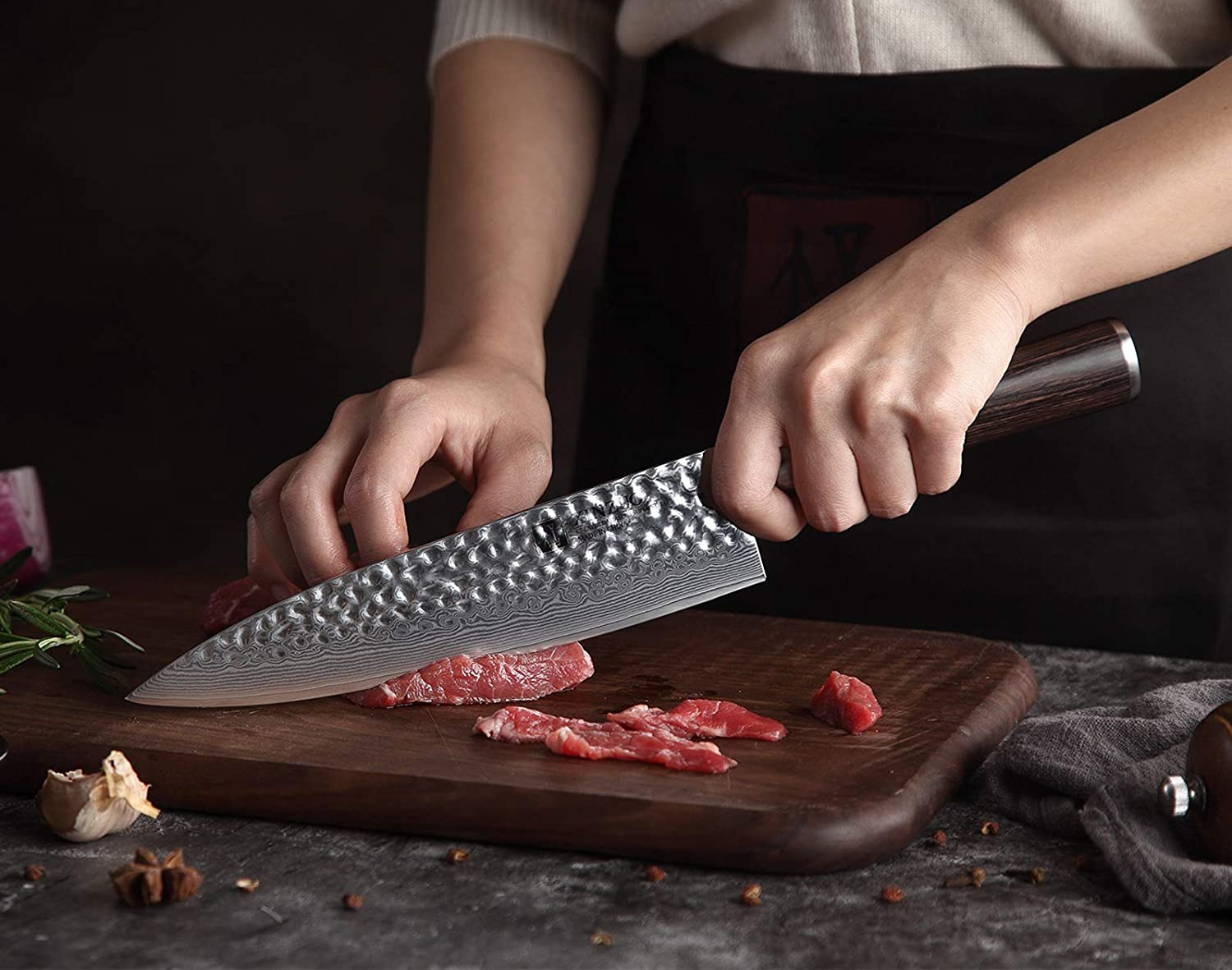XINZUO 7PC Damascus Steel Kitchen Knife Set with Acacia Wood Block,Multifunctional Kitchen Scissors,Professional Sharp Chef Knife Forged Vegetable Knife with Pakkawood Handle- He Series