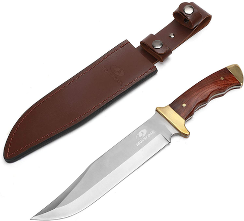 Image of MOSSY OAK 14-Inch Bowie Knife, Full-Tang Fixed Blade Wood Handle with Leather Sheath