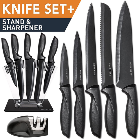 Image of Home Hero 7 Pcs Kitchen Knife Set - Block Knife Set - 5 Black Stainless Steel Knives & Knife Sharpener with Acrylic Stand (Black, Stainless Steel)