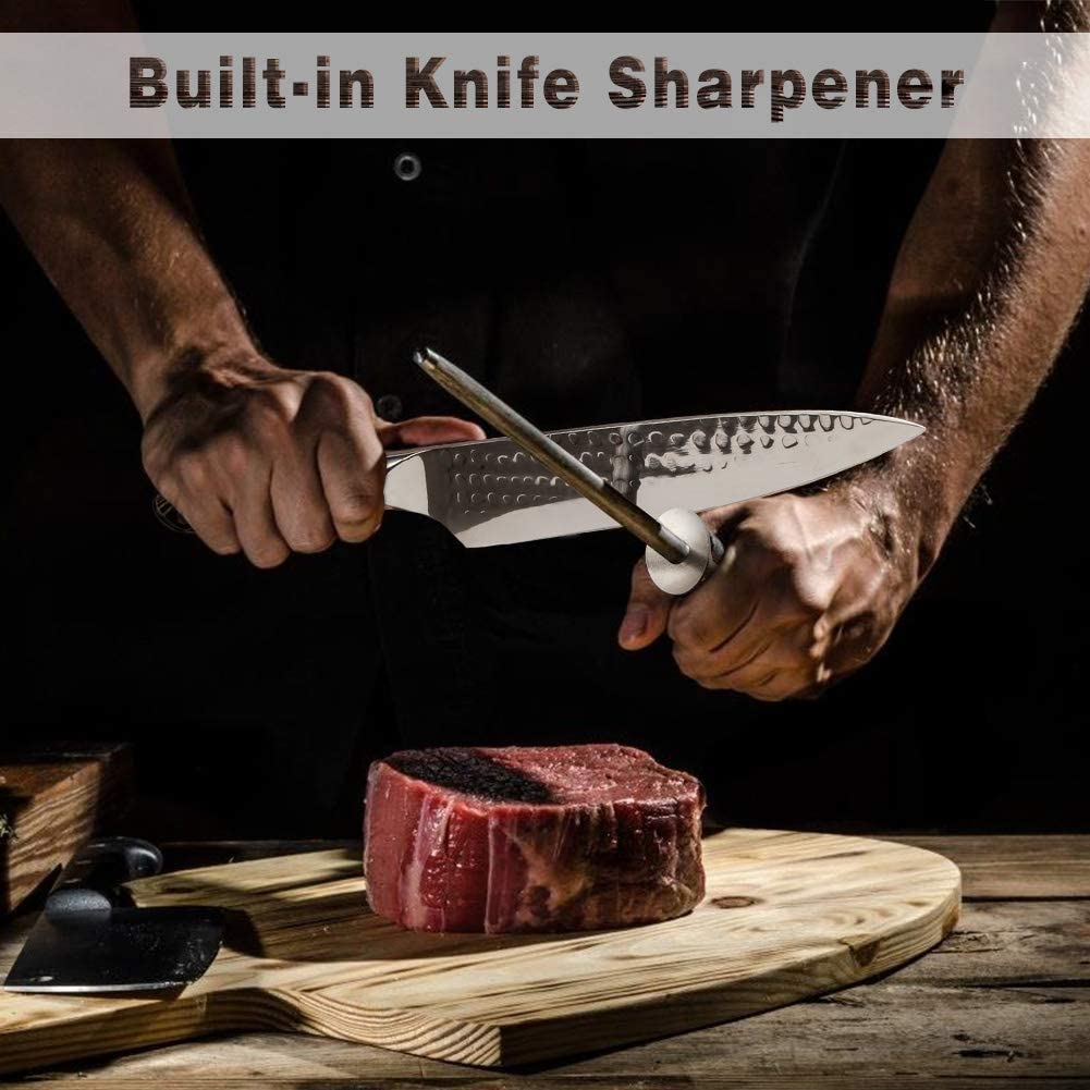 Kitchen Knife Set, 16-Piece Knife Set with Built-In Sharpener and Wooden Block, Precious Wengewood Handle for Chef Knife Set, German Stainless Steel Knife Block Set, Ultra Sharp Full Tang Forged