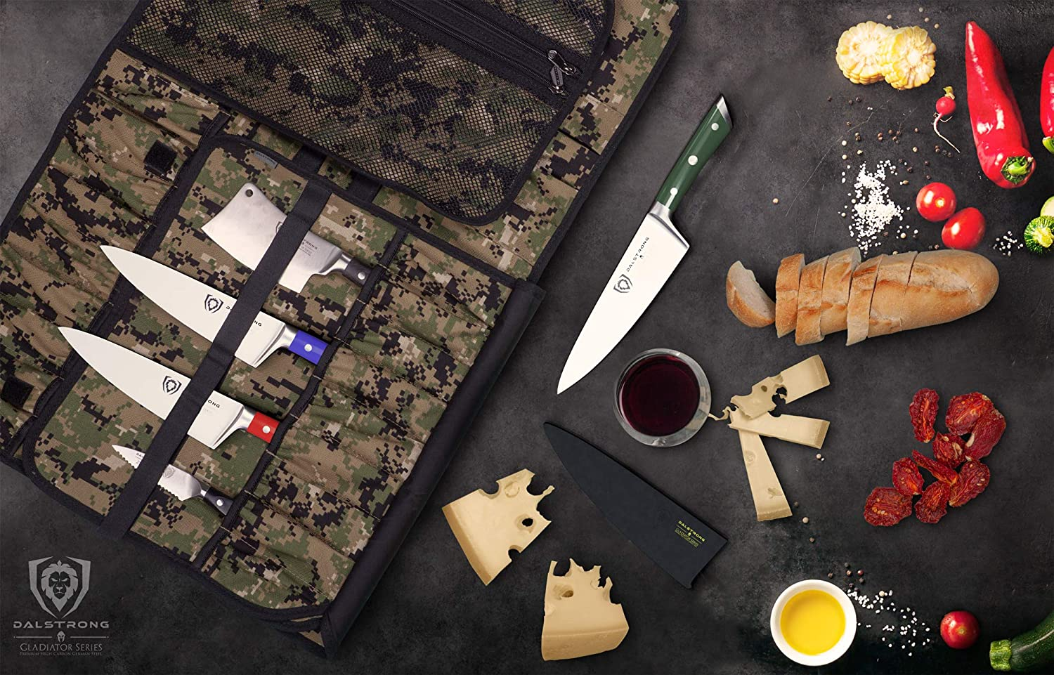 DALSTRONG Chef Knife - 8 Inch - Gladiator Series - Forged High Carbon German Steel - Razor Sharp Kitchen Knife - Full Tang - Army Green ABS Handle - Sheath Included - NSF Certified