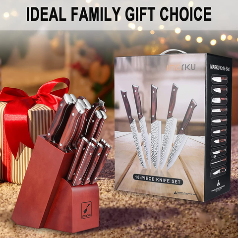 Image of Kitchen Knife Set,Imarku 16-Piece Knife Set with Block,Professional German Stainless Steel Knife Set with 6 Steak Knives and Knife Sharpener,Unique Hammered Design