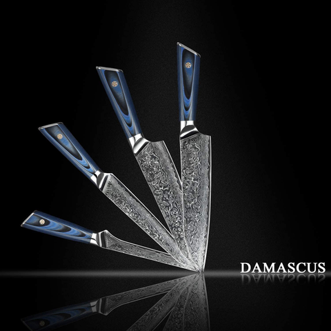 Image of Kitchen Damascus Knife Set- 9 Pcs Japanese Aus-10 Damascus Steel Chef Knives Set High Carbon Core Stainless Steel Full Tang Chef Knife Set Blue G10 Home Kitchen Professional Knife Block Set