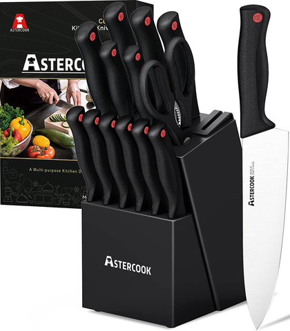 Image of Astercook Knife Set with Built-In Sharpener Block, Dishwasher Safe Kitchen Knife Set with Block, 14 Pcs High Carbon Stainless Steel Block Knife Set with Self Sharpening and 6 Steak Knives, Black…