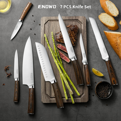 Image of Enowo 7PCS Chef Knife Set,Ultra Sharp Kitchen Knife Set Cutlery Set Premium German Stainless Steel Knife Ergonomic Color Wood Handle Full Tang Gift Box Superb Edge Retention Stain Corrosion Resistant