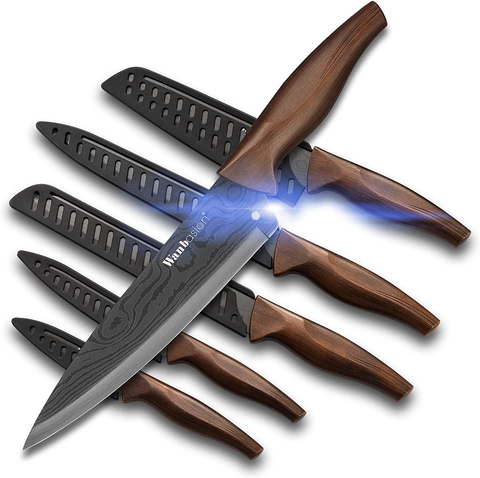 Image of Matte Black Titanium Plated Stainless Steel Kitchen Knife Set, Chef Kitchen Knife Set Professional, Dishwasher Safe Kitchen Knife Set with Damascus Style