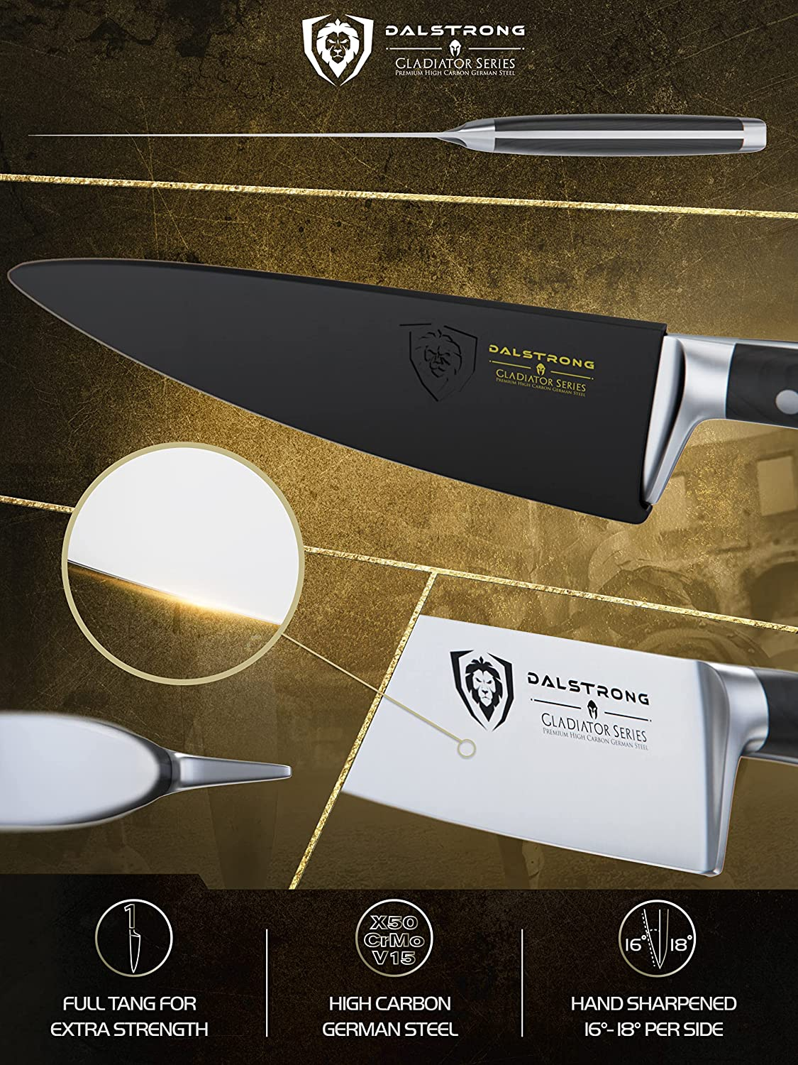 DALSTRONG Chef Knife - 8 Inch - Gladiator Series - Forged High Carbon German Steel - Razor Sharp Kitchen Knife - Full Tang - Black G10 Handle - Sheath Included - NSF Certified