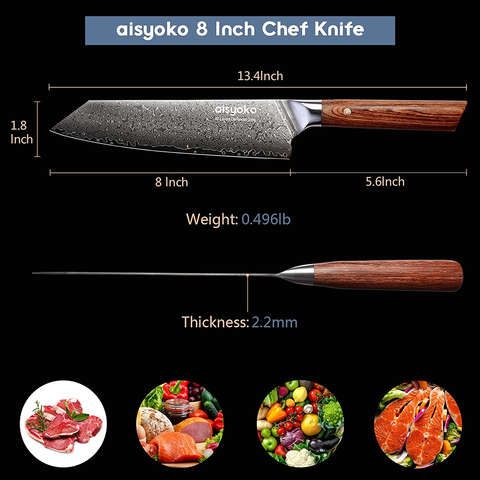 Image of Aisyoko Chef Knife 8 Inch Damascus Japan VG-10 Super Stainless Steel Professional High Carbon Super Sharp Kitchen Cooking Knife, Ergonomic Color Wooden Handle Luxury Gift Box