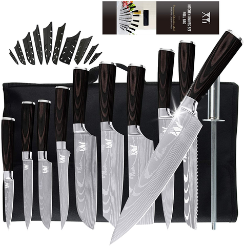 Image of XYJ Stainless Steel Kitchen Knives Set 10 Piece Chef Knife Set with Knife Sharpening Rod Carry Case Bag & Sheath Well Balance Ergonomic Handle