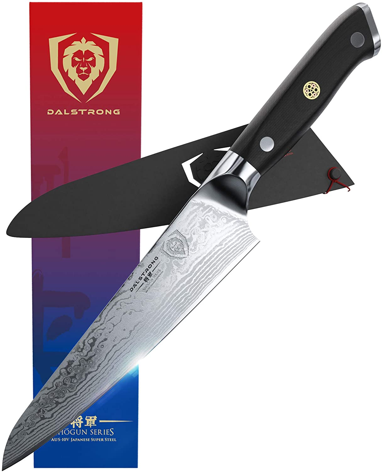 DALSTRONG Chef Knife - 7 Inch - Shogun Series - Damascus - Japanese AUS-10V Super Steel Kitchen Knife - Black Handle - Razor Sharp Knife - W/Sheath