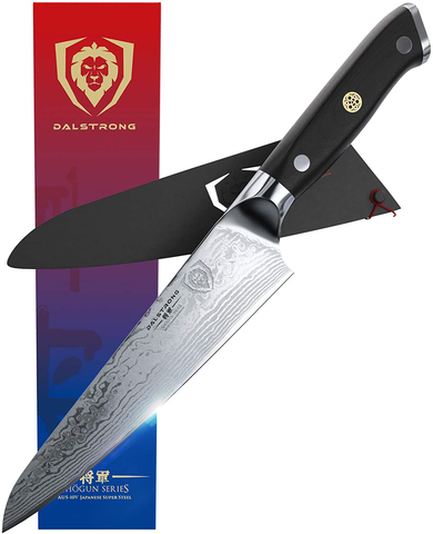 Image of DALSTRONG Chef Knife - 7 Inch - Shogun Series - Damascus - Japanese AUS-10V Super Steel Kitchen Knife - Black Handle - Razor Sharp Knife - W/Sheath