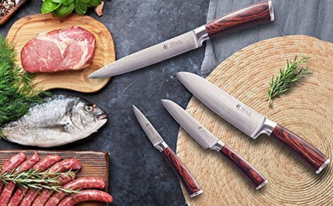 Image of Wakoli EDIB 4-Pcs Damascus Knife Set I Professional Kitchen Knives Made of Japanese Damascus Steel VG10 Chef Knife Set with Pakka Wood Handle in Gift Box