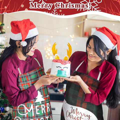 Image of 8 Pcs Christmas Buffalo Plaid Aprons Waterproof Holiday Kitchen Aprons Xmas Adjustable Baking Cooking Aprons Merry Christmas Aprons for Women Men Adults Chef Housewife