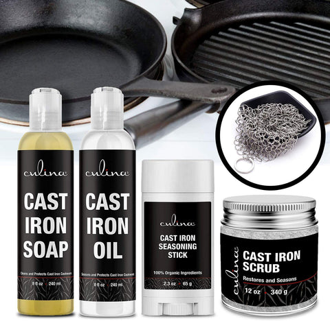 Image of Culina Cast Iron Seasoning Stick & Soap & Oil Conditioner & Restoring Scrub & Stainless Scrubber | All Natural Ingredients | Best for Cleaning, Non-stick Cooking & Restoring | Cast Iron Cookware - LivanaNatural