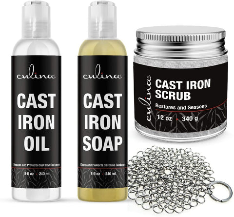 Image of Culina Cast Iron Soap Set | Conditioning Oil | Stainless Scrubber | Restoring Scrub | All Natural Ingredients | Best for Cleaning, Non-stick Cooking & Restoring | for Cast Iron Cookware, Skillets, Pans & Grills!… - Livananatural