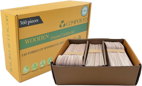 Image of Disposable Wooden Cutlery Set (360 PCS) - Natural Eco Friendly Party Pack of Birchwood Knives, Forks & Spoons - Lightweight, Durable & Safe Tableware for Home, Office, Picnic & Outdoor Party
