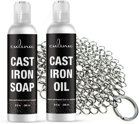 Image of Culina Cast Iron Soap Set | Conditioning Oil | Stainless Scrubber | All Natural Ingredients | Best for Cleaning, Non-stick Cooking & Restoring | for Cast Iron Cookware, Skillets, Pans & Grills!… - Livananatural