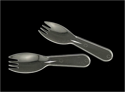 Image of 100 5.8" Disposable Sporks, Clear Plastic Sporks - Fork Spoon 2 in 1 Utensils Perfect for Travel, School Lunch, Picnics, Catered Events, Restaurants and Kids Birthday Parties Clear Spork