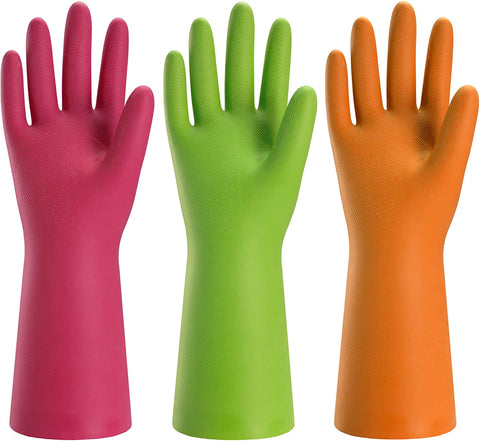 Image of 3 Pairs Rubber Cleaning Gloves for Household - Reusable Dishwashing Gloves for Kitchen, Flexible Durable & Waterproof (Medium, Green+Red+Orange)