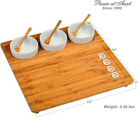 Image of Bamboo Cheese Board/Charcuterie Platter - Includes 3 Ceramic Bowls with Bamboo Spoons & Cheese Markers -13"X 13"- Designed and Quality Checked in the USA