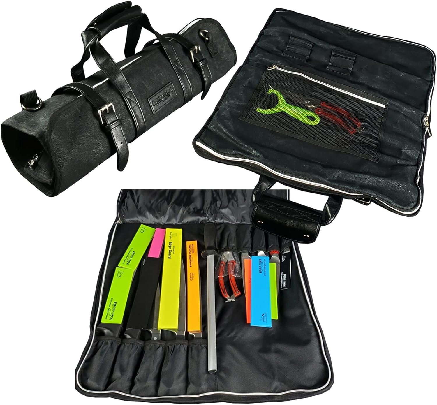 Heavy Duty 16Oz. Waxed Canvas 10 Pocket Chef Knife Roll Bag Knife Case with Mesh Tool Pocket (Black)