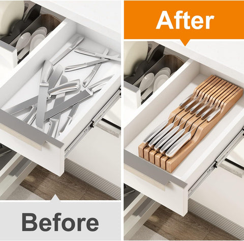 Image of In-Drawer Knife Block Organizer - Bamboo Wood Drawer Knife Organizer-Protecting Knife Organizer Block Holds up to 11 Knives(Not Included)