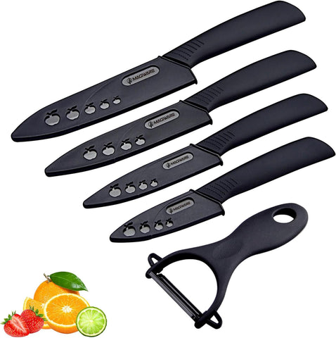 Image of 5-Piece Chef Ceramic Knife Set (4 Ceramic Knives 4 Blade Guard and 1 Peeler), Never Rust Never Oxidize Food Stain Proof