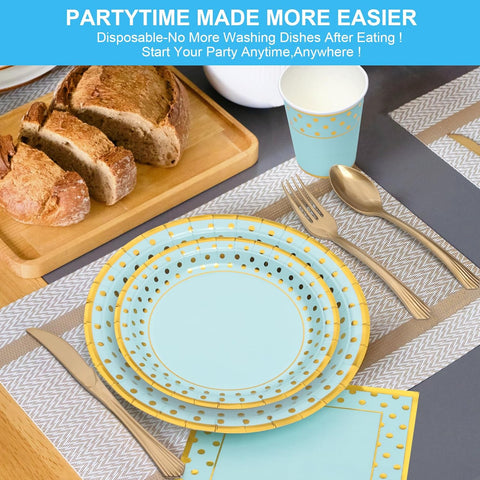 Image of Blue Gold Paper Party Supplies,350Pcs Golden Dot Paper Tableware Serve 50,Include Paper Plates,Napkins,Cups,Forks,Knives,Spoons,For Baby Shower,Boys Birthday,Anniversary