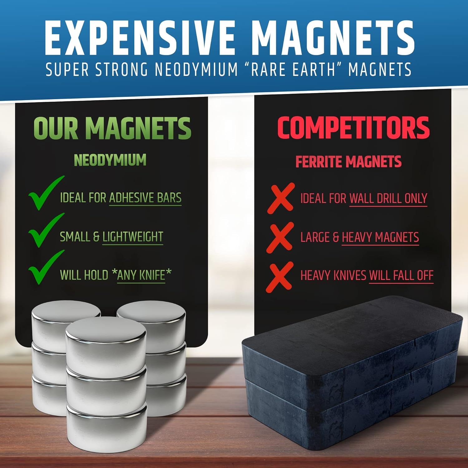 Strong Adhesive (No Drill) Magnetic Knife Holder for Wall - Professional 17 Inch Knife Strip - No Screws Needed - Adhesive Backing - Stainless Steel Knife Bar (Upgraded Version β Will Not Fall)