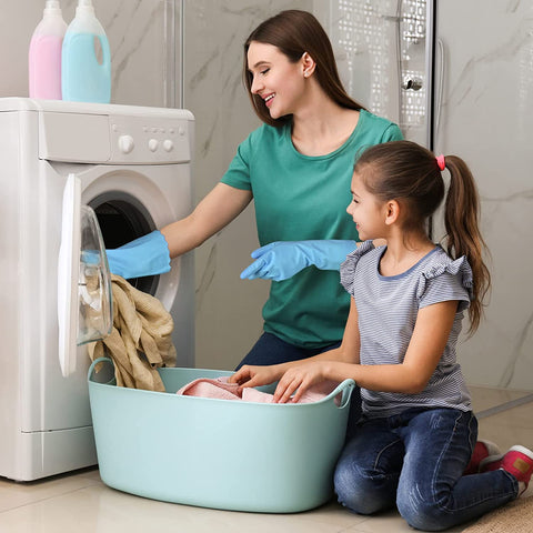 Image of Rubber Cleaning Gloves - 3 Pairs Latex Free Kitchen Cleaning Gloves with Cotton Liner- Household Dishwashing Gloves, Non- Slip Waterproof (Large, Blue+Pink+White)