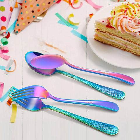 Image of 14-Piece Kids Silverware Set, Rainbow Toddler Utensils Flatware Set, Stainless Steel Child Preschooler Cutlery Set, Includes 7 Kids Spoons, 7 Kids Forks, Dishwasher Safe