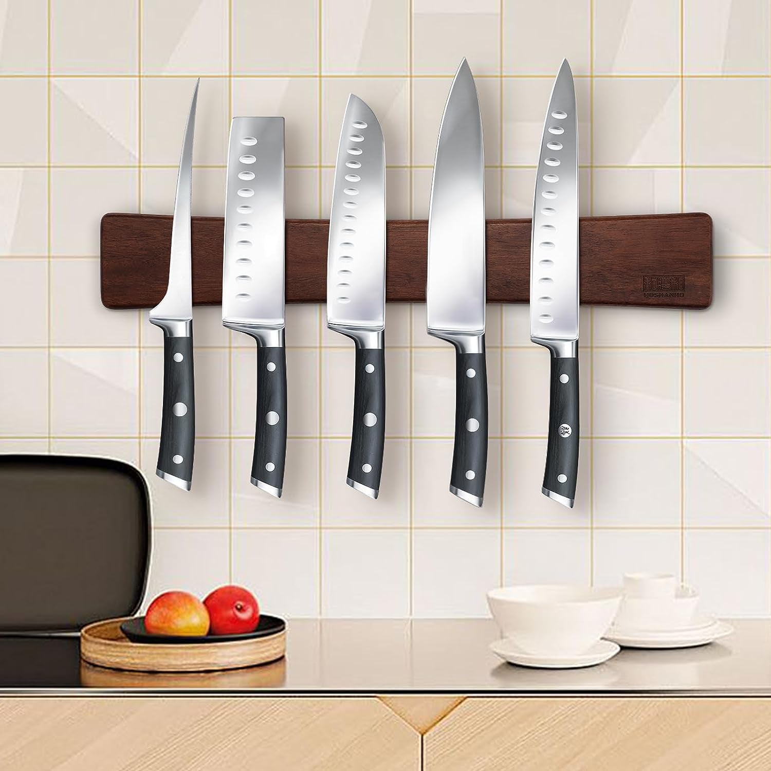 Magnetic Knife Strips, Magnetic Knife Holder for Wall 16 Inch, Acacia Wood Knife Magnetic Strip Use as Knife Bar, Knife Holder for Kitchen Utensil Organizer