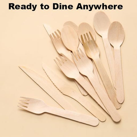 Image of Wooden Cutlery Disposable Utensils Set - 50-Pack of Disposable Wooden Cutlery Set, Individually Wrapped Utensils and Napkins for Cafes or Restaurants - Includes Knife, Fork, Spoon, and Napkin