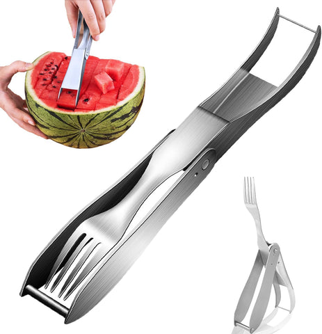 Image of Watermelon Slicer Cutter, 2 in 1 Watermelon Fork Slicer Cutter Melon Slicer, Portable Stainless Steel Watermelon Cutter Slicer Tool Fruit Forks Slicer for Home Party Camping Kitchen Gadget