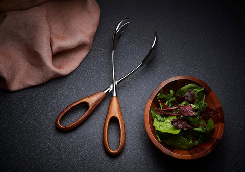 Image of Curvo Salad Scissors | 13 Inch Kitchen Tongs for Cooking, Salad, and Grilling | Made of Stainless Steel and Acacia Wood | Designed by Steve Cozzolino