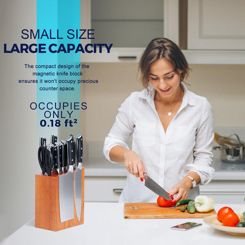 Image of Magnetic Knife Block Holds up to 16 Knives(Not Included), Space Saver Countertop Magnetic Knife Block Holder, Double Sided Magnets Oak Wood Knife Storage