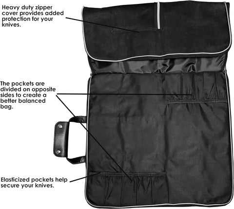 Image of Heavy Duty 16Oz. Waxed Canvas 10 Pocket Chef Knife Roll Bag Knife Case with Mesh Tool Pocket (Black)
