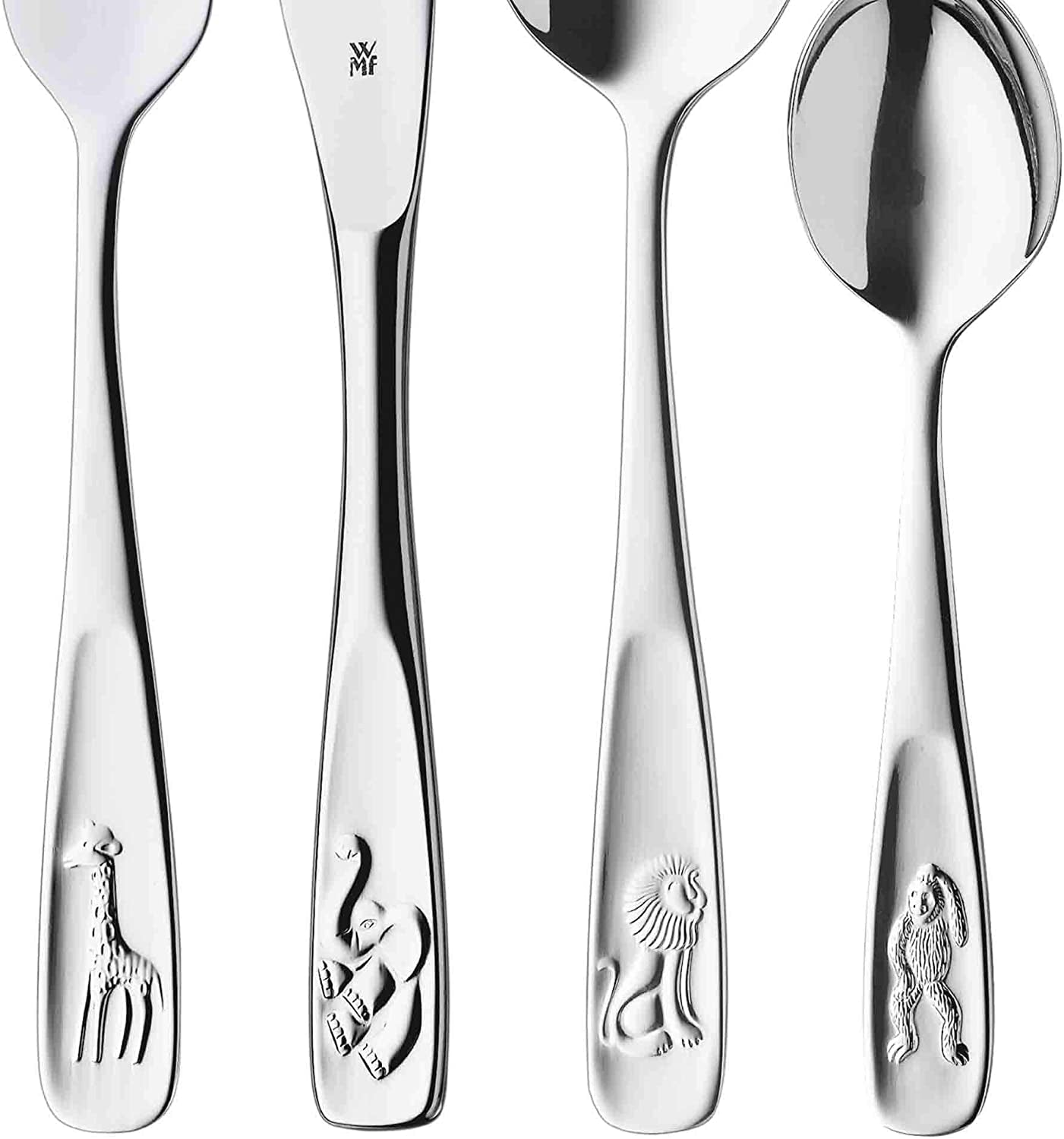 Pignr Animals Children'S Cutlery, 4-Piece, from 3 Years, Cromargan Polished Stainless Steel, Dishwasher-Safe in a Gift Box with General Illustration, 4Pcs, Silver