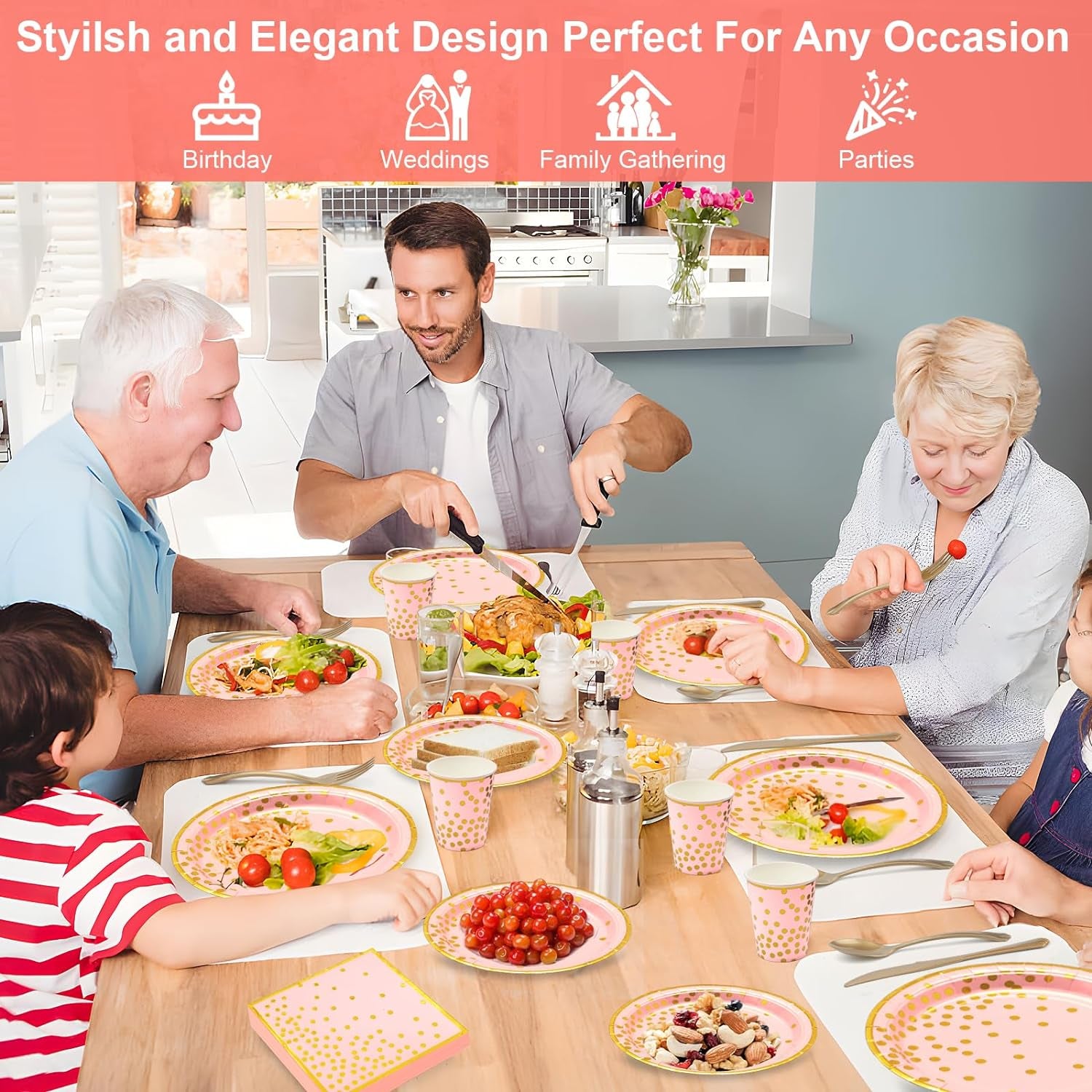 Pink Gold Paper Party Supplies,350Pcs Golden Dot Paper Tableware Serve 50,Include Paper Plates,Napkins,Cups,Forks,Knives,Spoons,For Baby Shower,Girls Birthday,Anniversary,Wedding