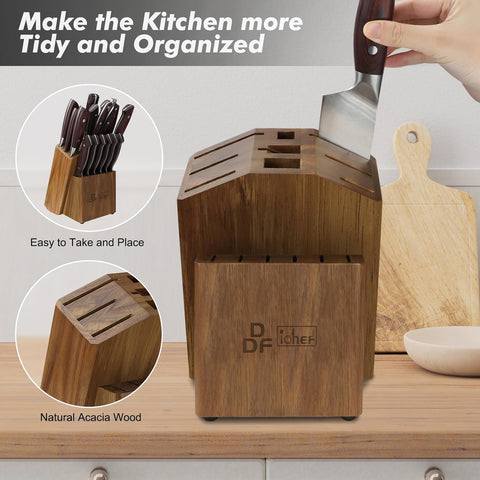Image of Universal Knife Block 15 Slots, Acacia Wood Knife Block without Knives, Knife Storage Block, Countertop Block Knife Holder and Organizer for Easy Kitchen Knife Storage