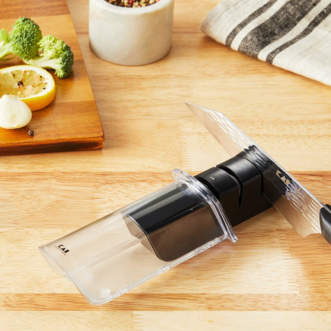Image of PRO Diamond and Ceramic Retractable Sharpener, Kitchen Knife Sharpener for Straight, Double-Bevel Blades, Easy to Use, Three-Step Knife Sharpening Process