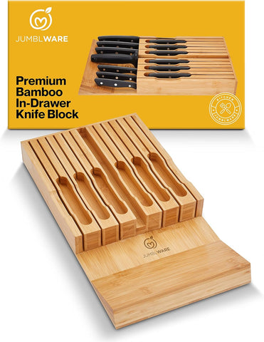 Image of Bamboo In-Drawer Knife Block Wooden Organizer & Cutlery Holder Insert for inside Drawer, Cabinet or Counter Universal Dock Fits 16 Steak Knives & Sharpener Great Kitchen Gadget Gift