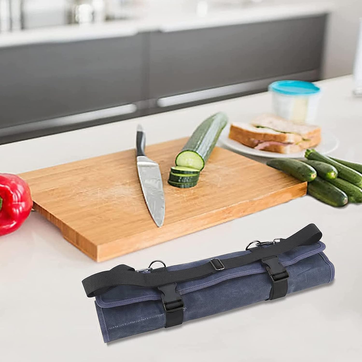 Chef’S Knife Roll Bag, Waxed Canvas Knife Cultery Carrier, Portable Chef Knife Cases, Knife Pouch Holders with 10 Slots plus 1 Zipper Pockets Can Hold Home Kitchen Knife Tools up to 18.8”