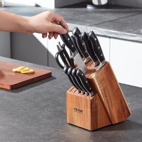 Image of Knife Storage Block 15 Slots, Acacia Wood Universal Knife Holders without Knives, Large Countertop Butcher Block Knife Organizer, Multifunctional Knife Rack Stand for Easy Kitchen Storage